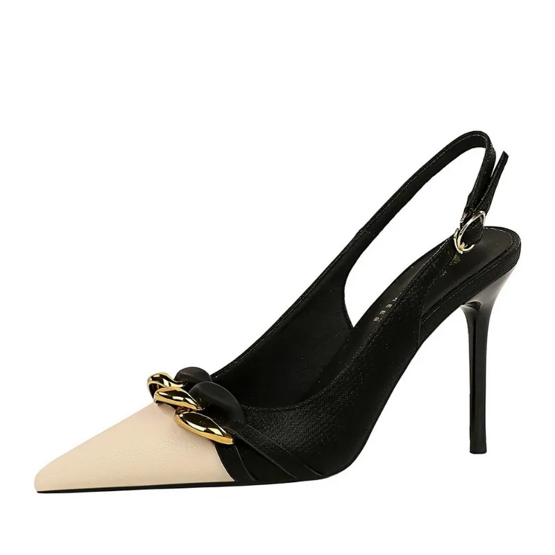 حذاء مثير بإصبع مدبب للنساء ، كعب رفيع ، رباط ظهر ، مضخات مكتبية احترافية ، ديكور معدني ، PU ، من من من الخارج