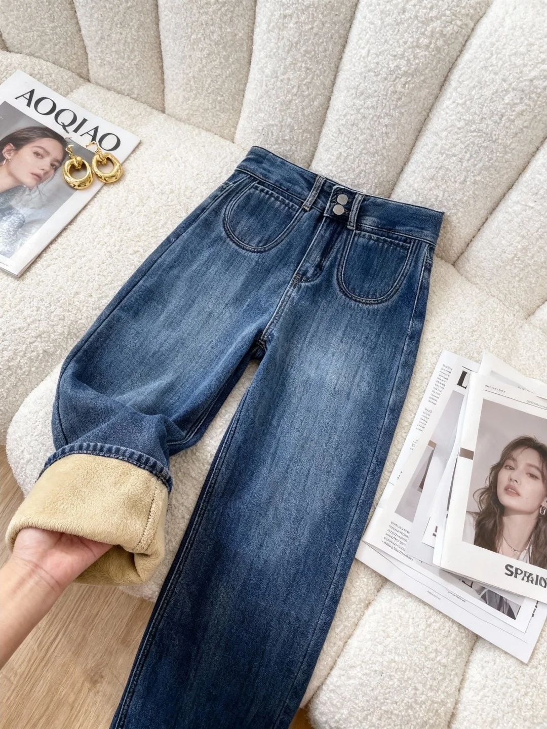 Fce forrado thi perna reta jeans feminino cintura alta solto ajuste outono inverno plus size emagrecimento calças de perna larga