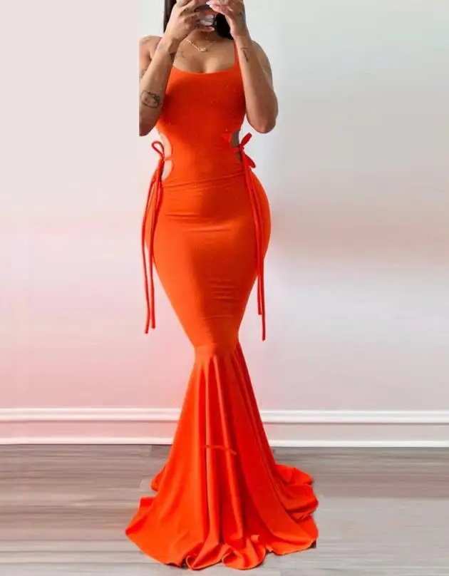 Women's Chic Sexy Dress 2024 Spring Summer Latest Beautiful U-Neck Tied Detail Cutout Party Mermaid Maxi Dress Skinny Long Skirt