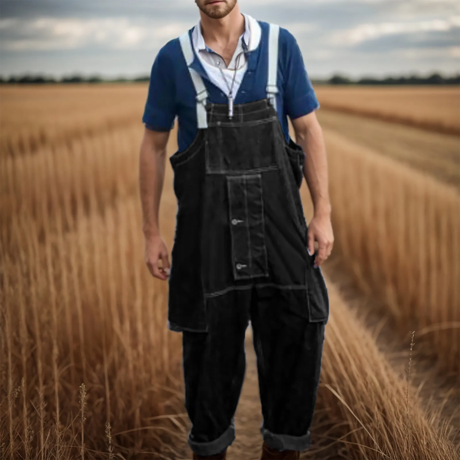 Men's Bib Overalls Fashion Relaxed Fit Casual Jumpsuit Cotton Lightweight Overalls With Body on Buckle High Neck Jumpsuit