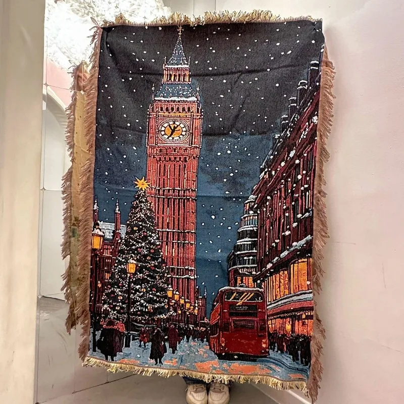 London Street Christmas Snowy Night Atmosphere Tapestry Decoration Living Room Bedroom Side Bed Sofa Blanket