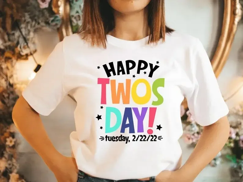 Happy Twosday Shirt Tuesday 2-22-22 Shirts Funny Teacher Twosday Tees Cotton O Neck summer plus size Short-Sleeve women tshirts