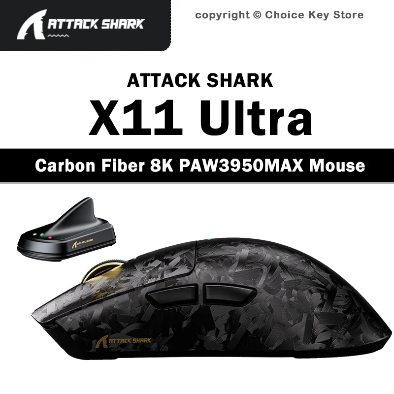 ATTACK SHARK X11 ULTRA Wireless Gaming Mouse PAW3950MAX 8K 42000DPI Carbon Fiber 59g Lightweight Tri-Mode Bluetooth Ice Coating