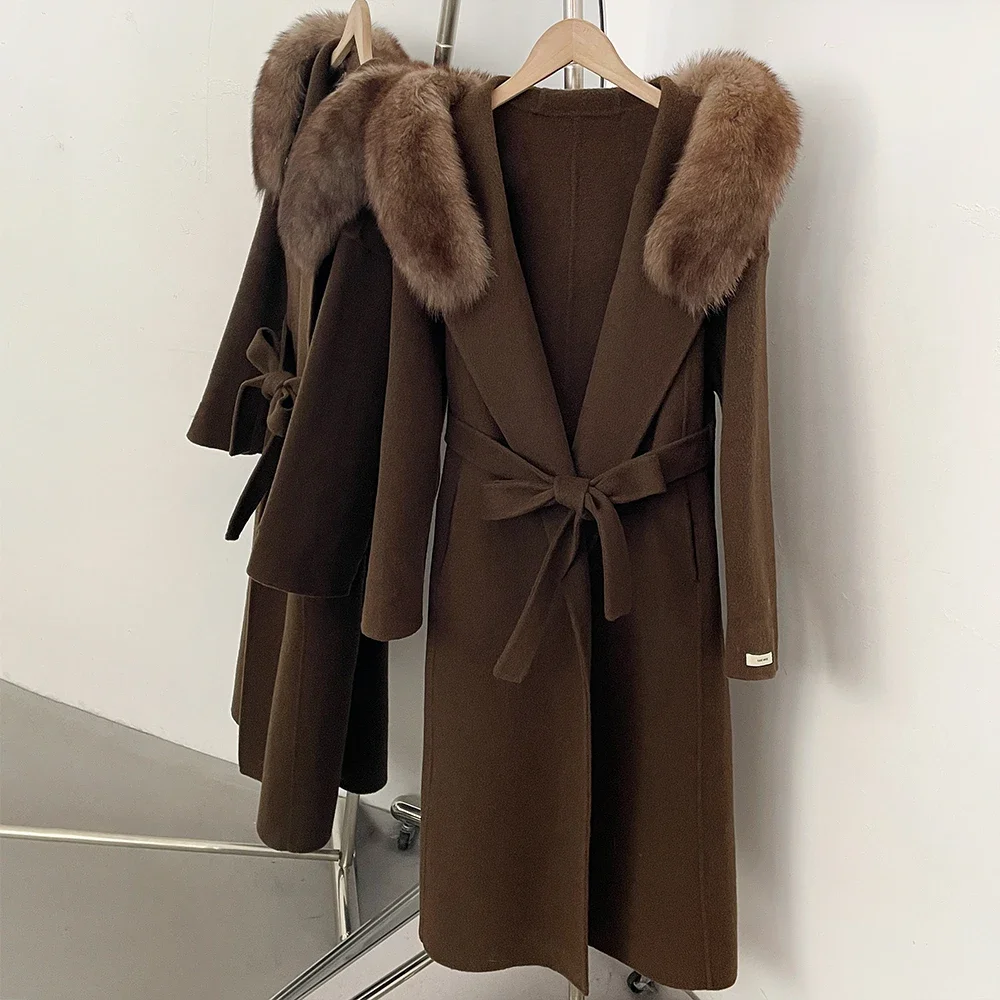 OFTBUY Kapuzenmantel mit Gürtel aus Naturfell und Wolle, langer Damen-Wollmantel mit echtem Fuchsfell, neuer Winter-Wollmantel für Damen – Detail 11