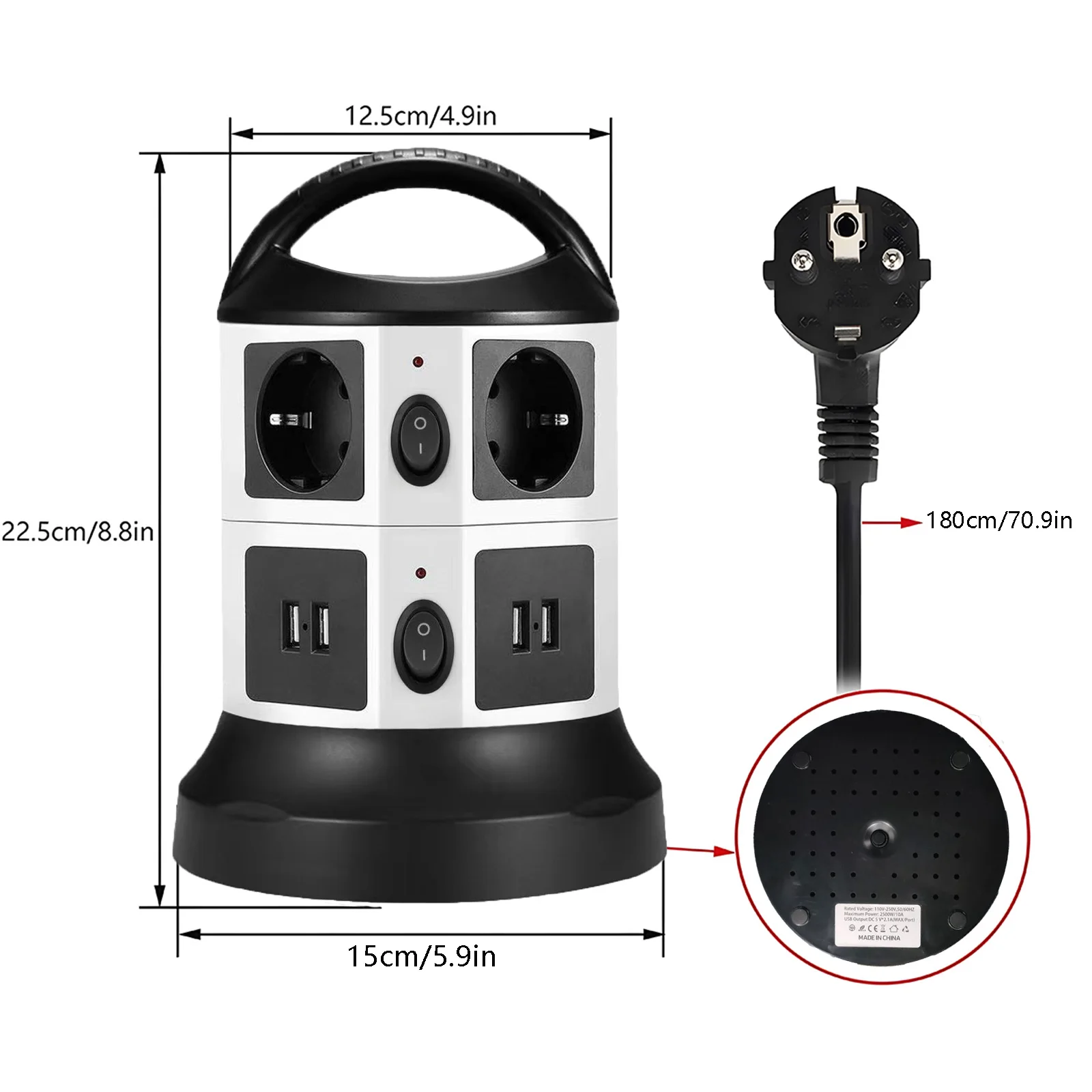 Power Strip Tower with 6 Sockets 4 USB Ports 2 single-layer control switches and 5.9 FT Extension Cord Handle Vertical Socket