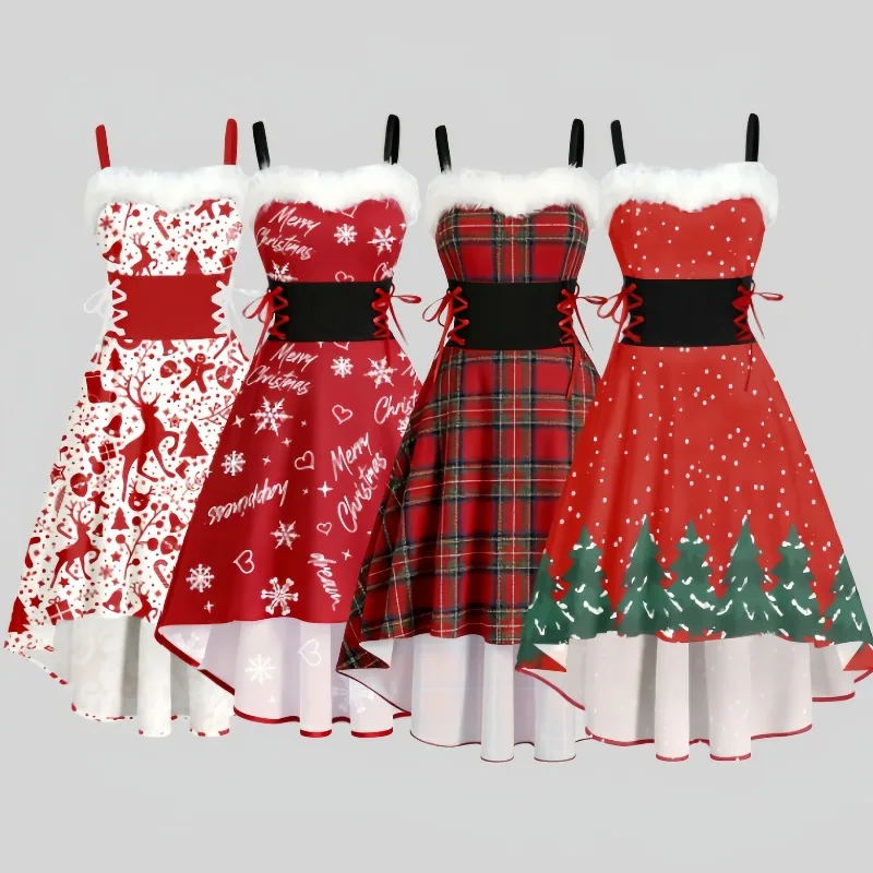 Navidad 2026 nueva atmósfera elegante camisola vestido de fiesta chica conejito cuello de piel fuera del hombro arco camisola vestido Sexy