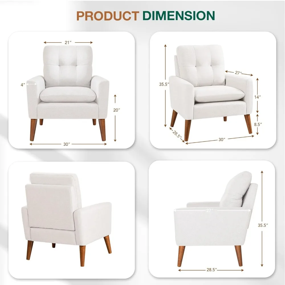 Fabric Modern Reading Living Room Chair, Fluffy Comfy Armchair Small Sofa Chair with Wood Legs for Bedroom Office Cafe