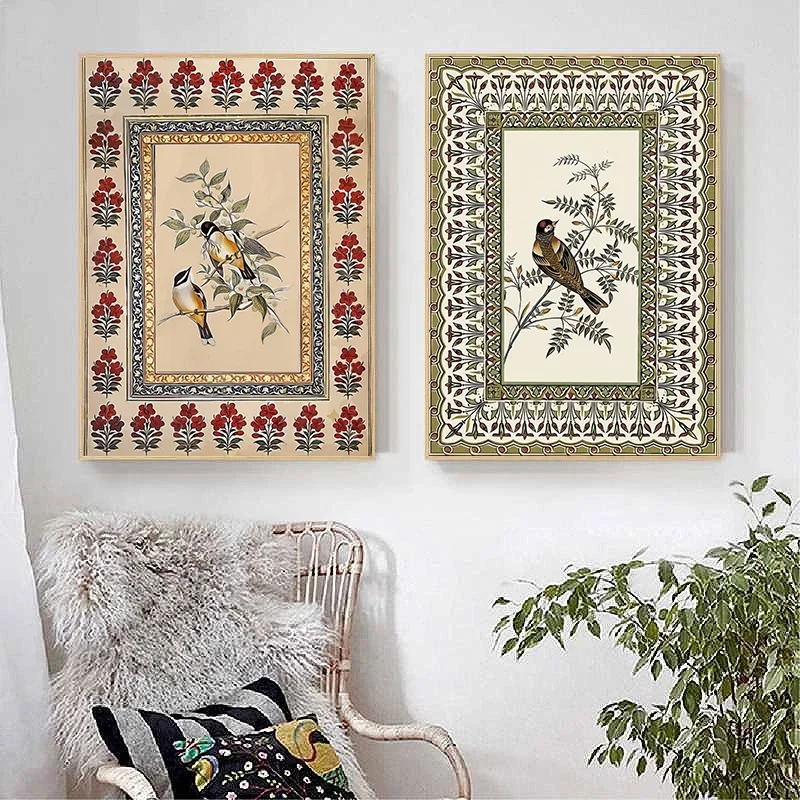 1pc frameless Canvas Painting Traditional Style Birds Flowers Wall Poster Retro Ethnic Ornate Art Print for Bedroom Living Room