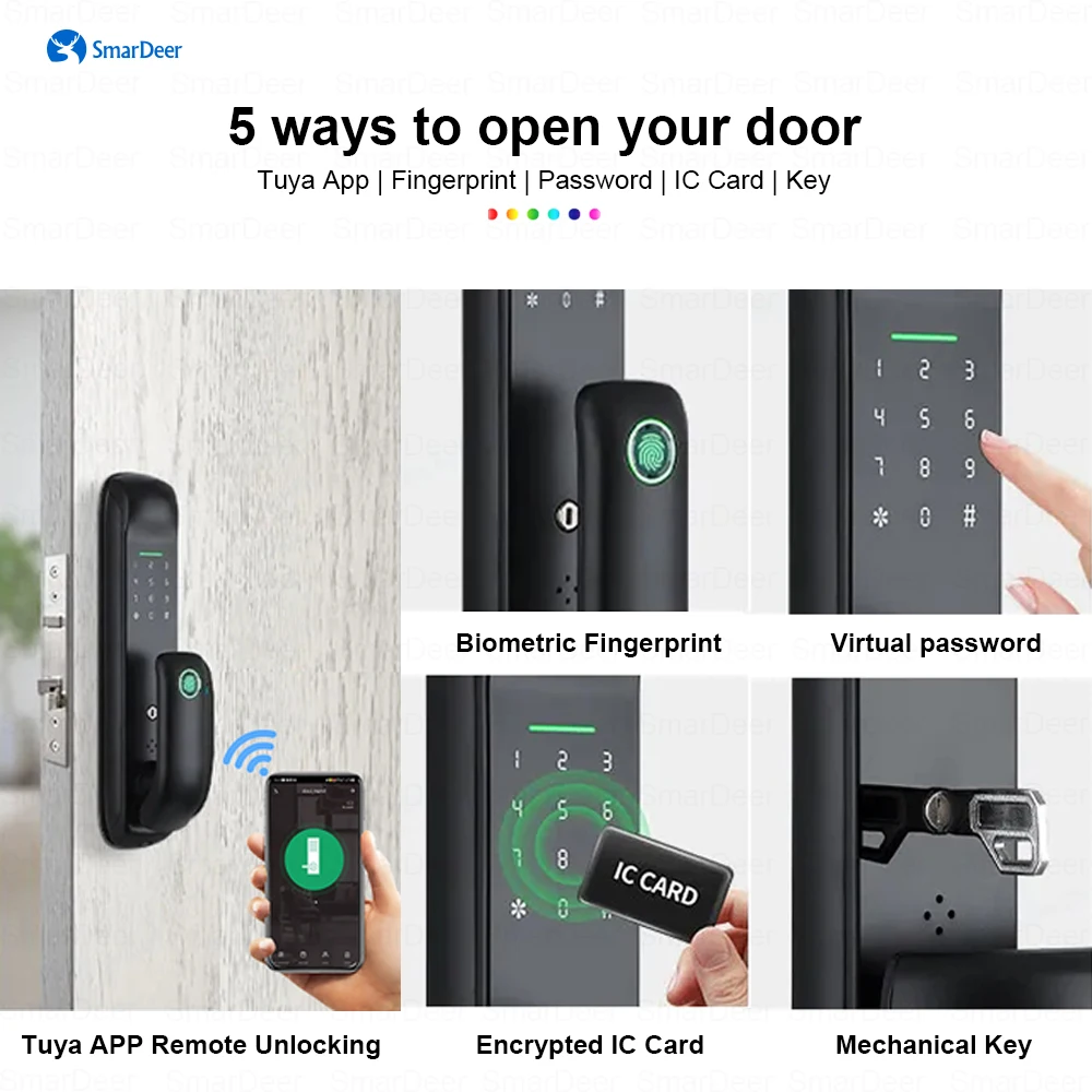 SmarDeer Fully automatic electronic door lock for Tuya Smart Lock With Biometric Fingerprint Lock RFID Card Password Key Unlock