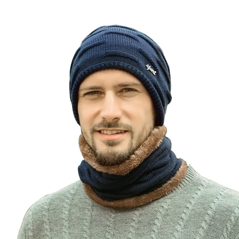 Mens Winter Beanie Hats Scarf Set Warm Knit Hats Skull Cap Neck Warmer with Thick Fleece Lined Winter Hat & Scarf for Women