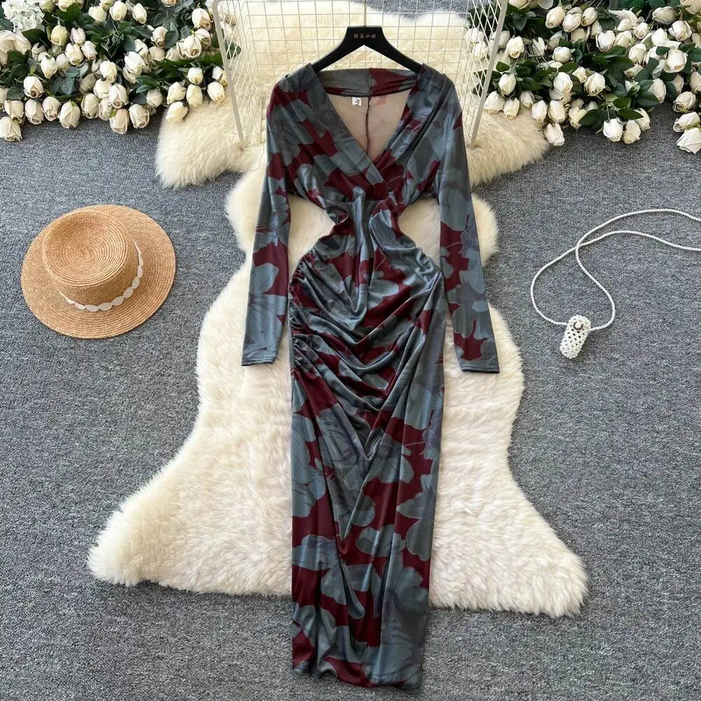 Seksowna sukienka z weluru z dekoltem w kształcie litery V, z wysokim stanem i plisami, sukienka letnia, sukienka wieczorowa dla kobiet