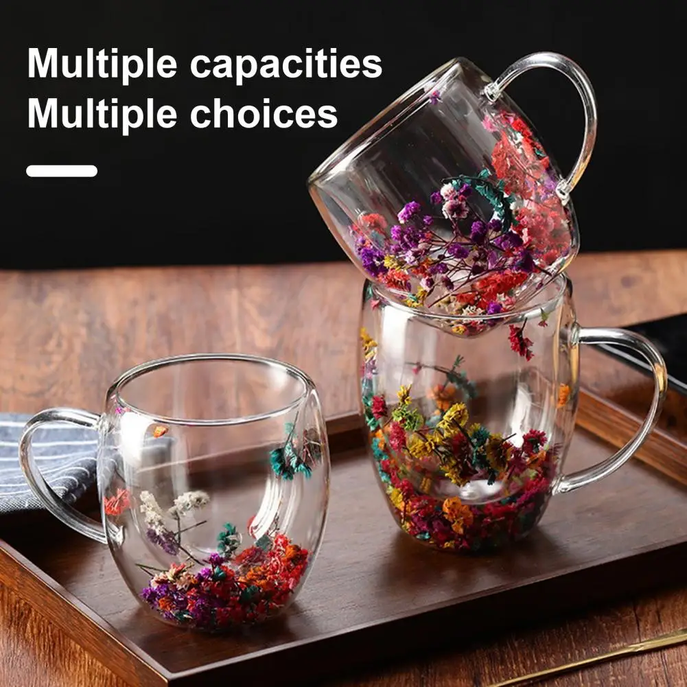 Flower Embellished Mug Floral Double Wall Glass Mug Set Insulated Handle Real Flower Decoration Heat Preserving for Coffee