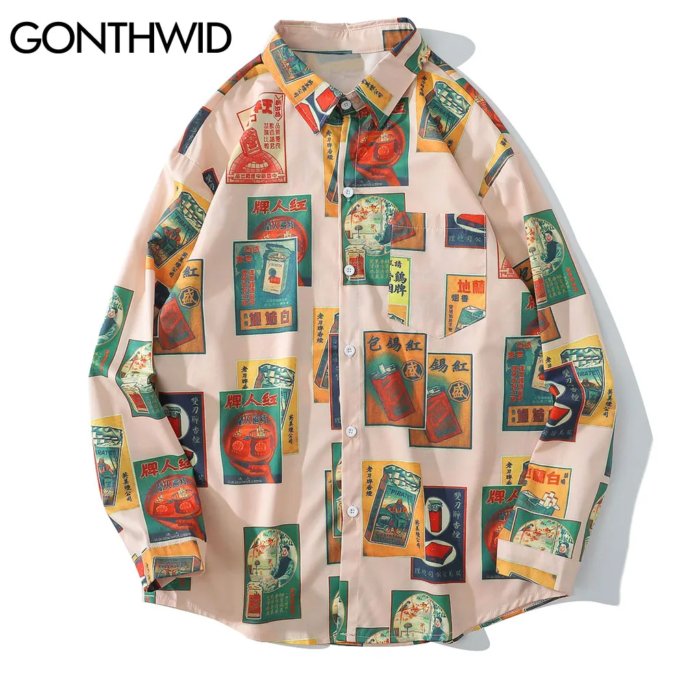 GONTHWID Hawaiian Beach Shirts Harajuku Vintage Poster Print Long Sleeve Aloha Party Holiday Shirt Mens Casual Button Down Tops