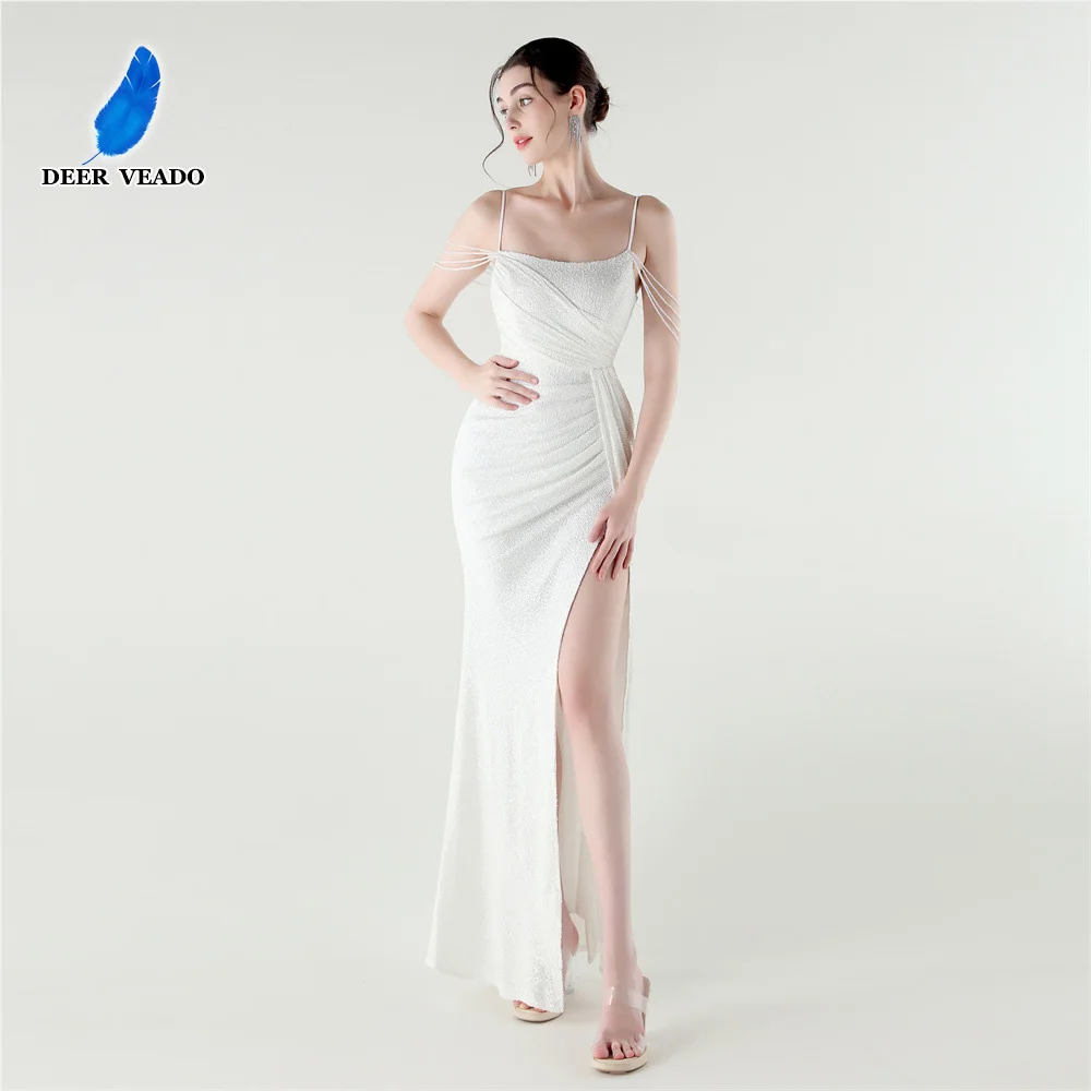 

DEERVEADO 10 Colors Sexy Mermaid Slit Evening Dresses Woman Strap Prom Dresses Long Elegant Party Dress with Beading
