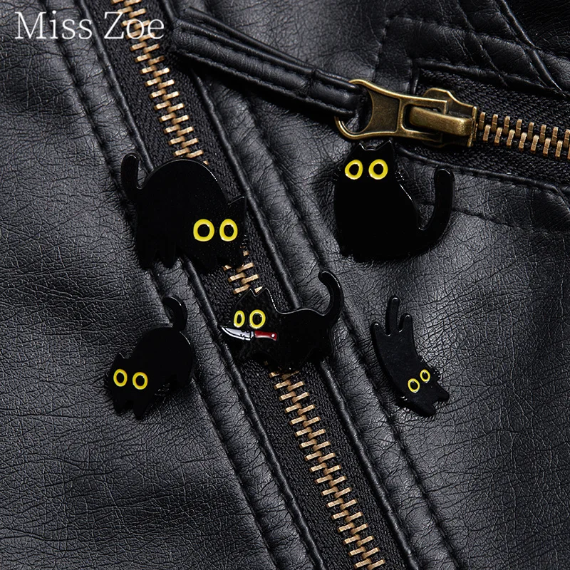 Black Kitten Enamel Pins For Backpack Custom Cute Cat With Knife Brooch Lapel Badges Cartoon Animal Jewelry Gift For Kids Friend