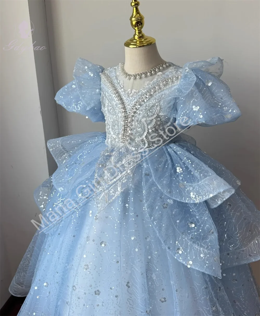 Light Blue Children's Formal Dress 2026 Baby Princess Dress Puffy Sequin Pearl Decoration Host Model Performance Costume