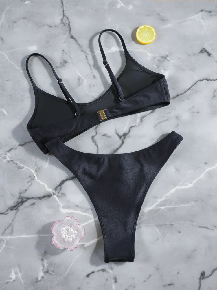 Rinade String-Bikini, Push-Up-Bikinis, schwarze, einfarbige Badebekleidung, hoch geschnittener Badeanzug, sexy Badeanzüge, Urlaubs-Badeanzug, zweiteilige Strandbekleidung – Detail 3
