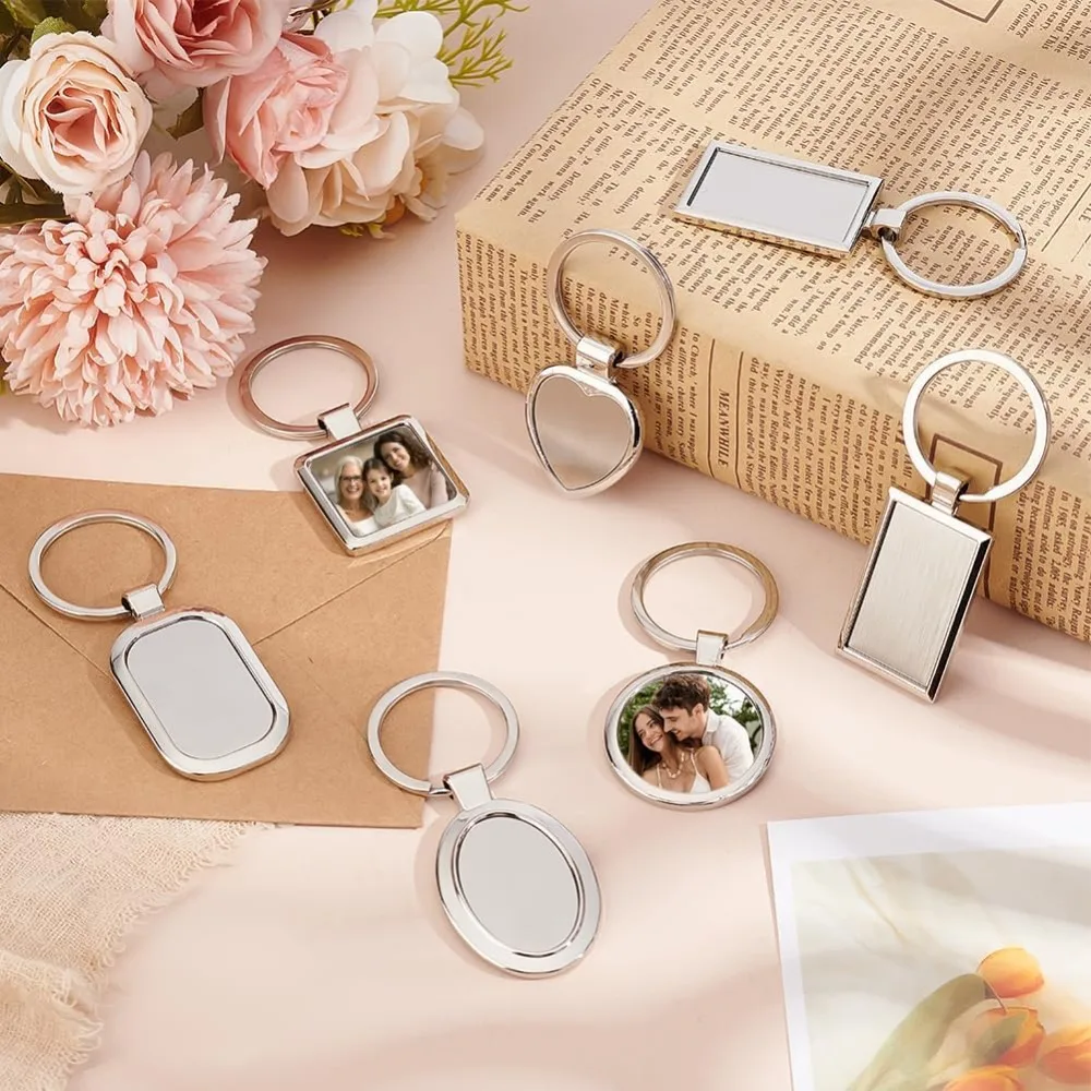 50pcs Sublimation Blank Keychains Metal Heat Transfer Keychain Heart/Round/Square Photo Frame Keychain Blank Board Key Rings