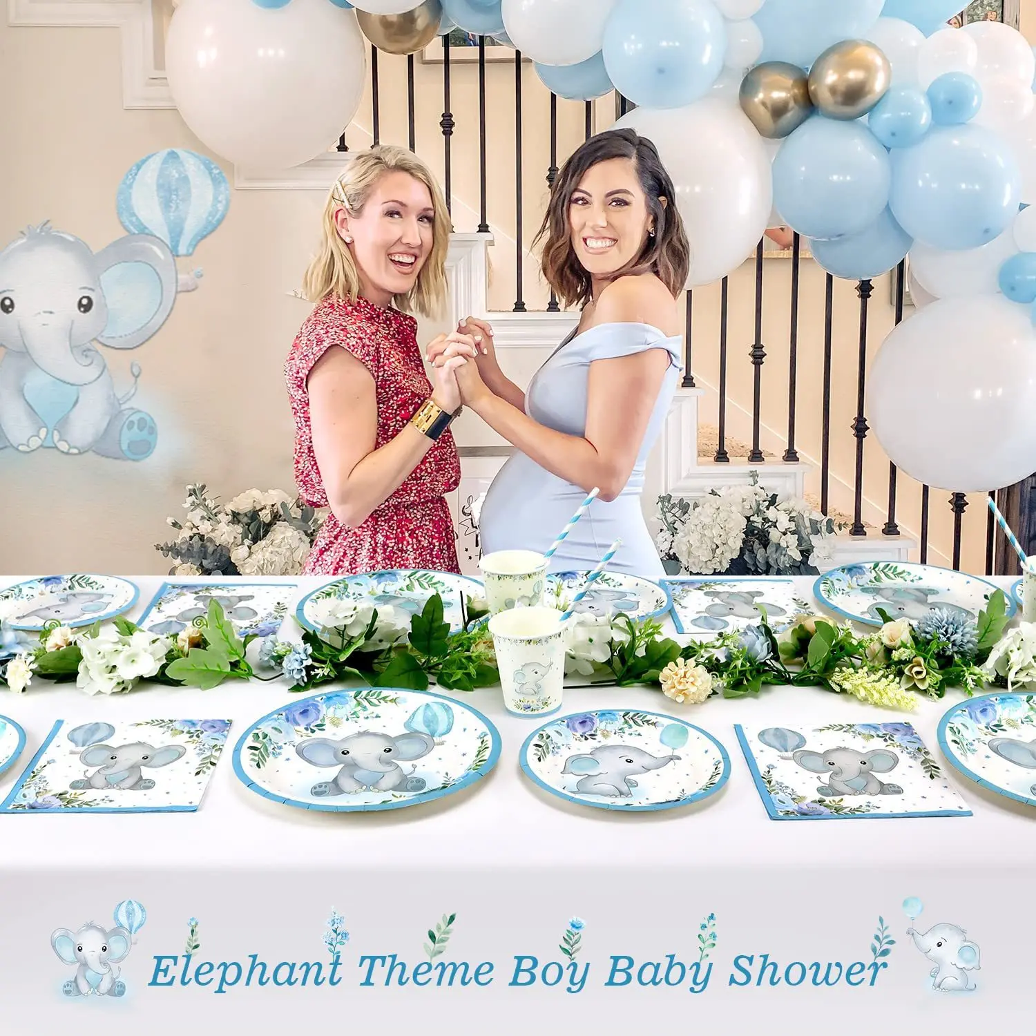 Blue Baby Elephant Disposable Tableware Tablecloth Paper Plate Napkins for Baby Shower Decorations Gender Reveal Party Supplies