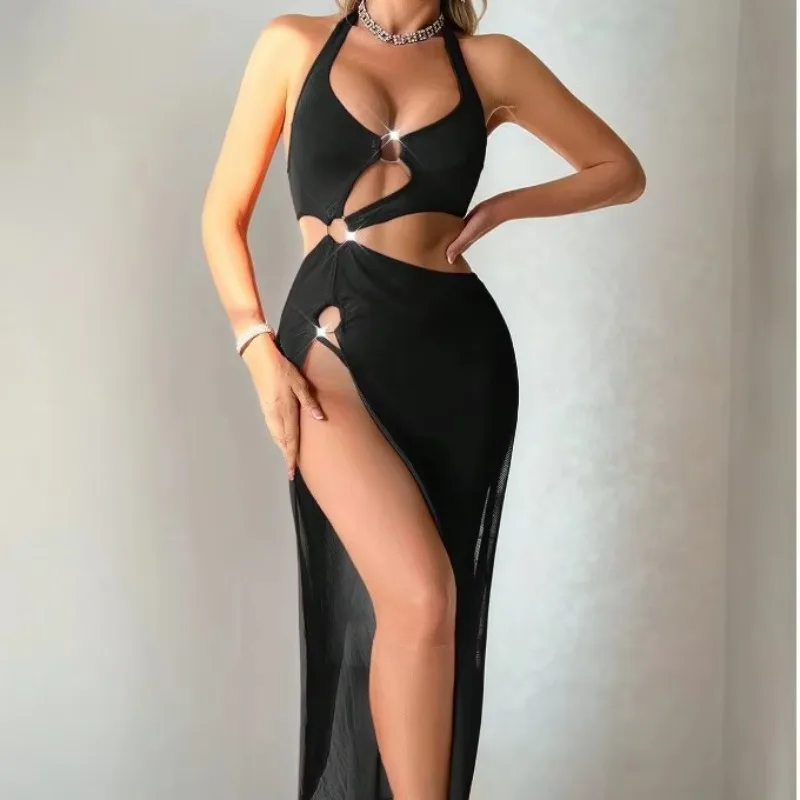 New Sexy Dress For Women Featuring A Slit Halter Neck Hollow-out Design Long Dress Home Wear Solid Color Sexy Dress Elegant C0O1