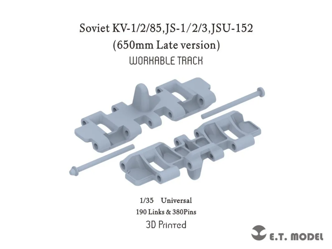 P35-061 1/35 Soviet KV-1/2/85,JS-1/2/3,JSU-152 (650mm Late) Workable Track (190 Links + 380 Pins) 3D Printed