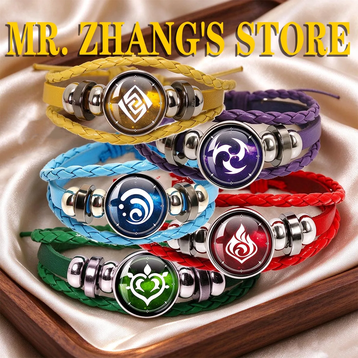 Genshin Impact Game 18MM Glass Cabochon Pendant Bracelet Eyes Of God 7 Element Weapons Leather Rope Bracelet Gift