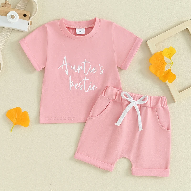 

Aunties Bestie Outfit Toddler Baby Girl Boy Short Sleeve T Shirt Elastic Waist Shorts Newborn Summer Clothing Set