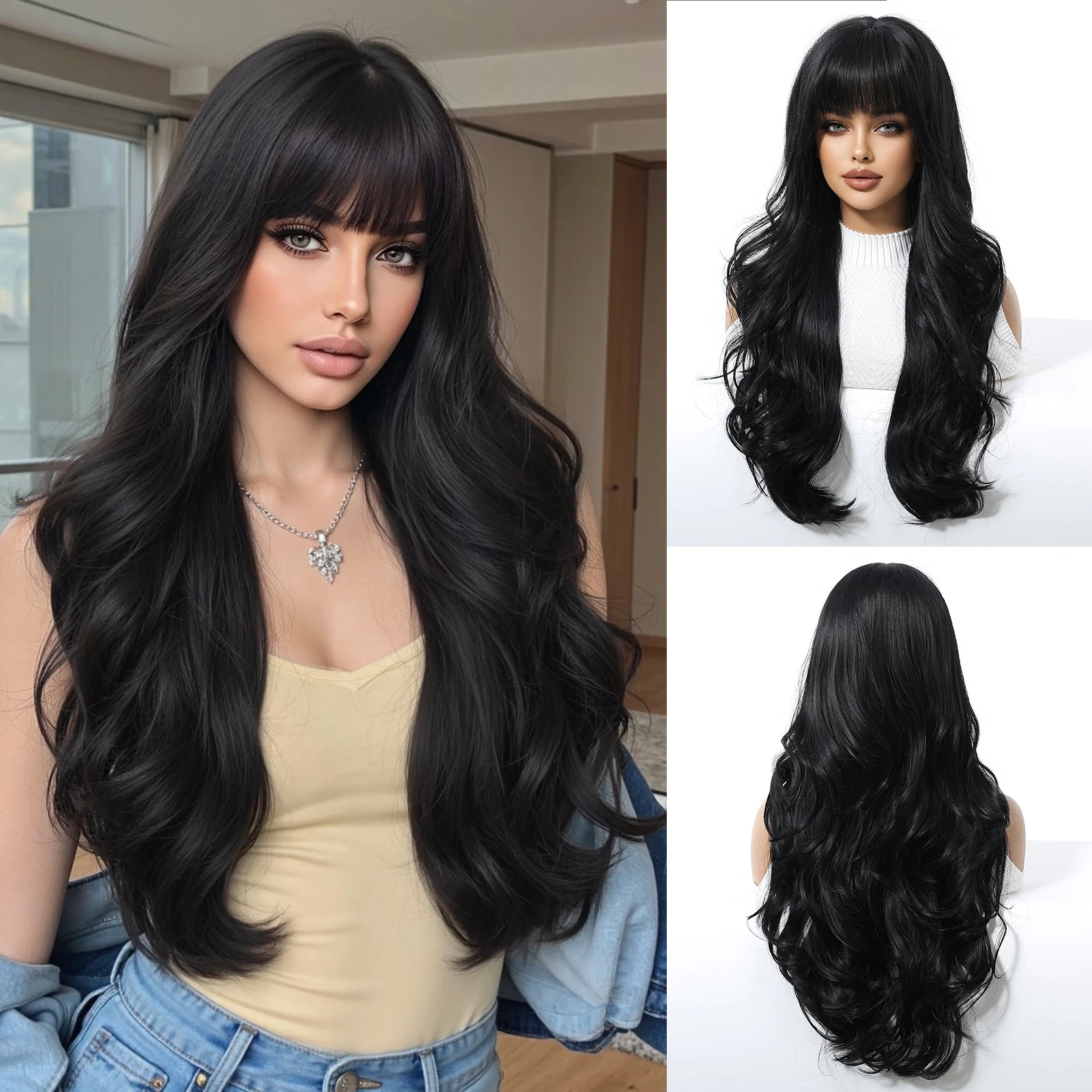 

Black Long Body Wave Wig with Bangs Heat Resistant Synthetic Hair for Women Daily Party Wear Natural Looking Easy to Style