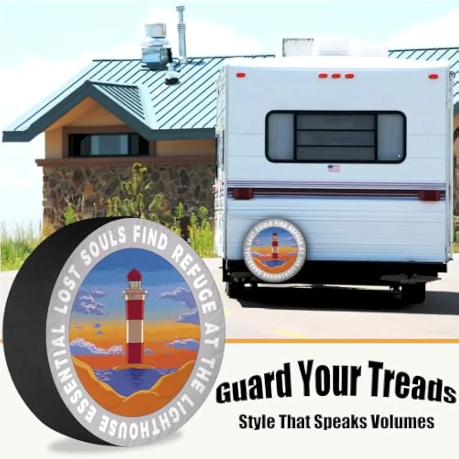 Lighthouse Lost Souls Refuge Spare Tire Cover Weatherproof Dust-Proof RV Camping Trailer SUV Accessories