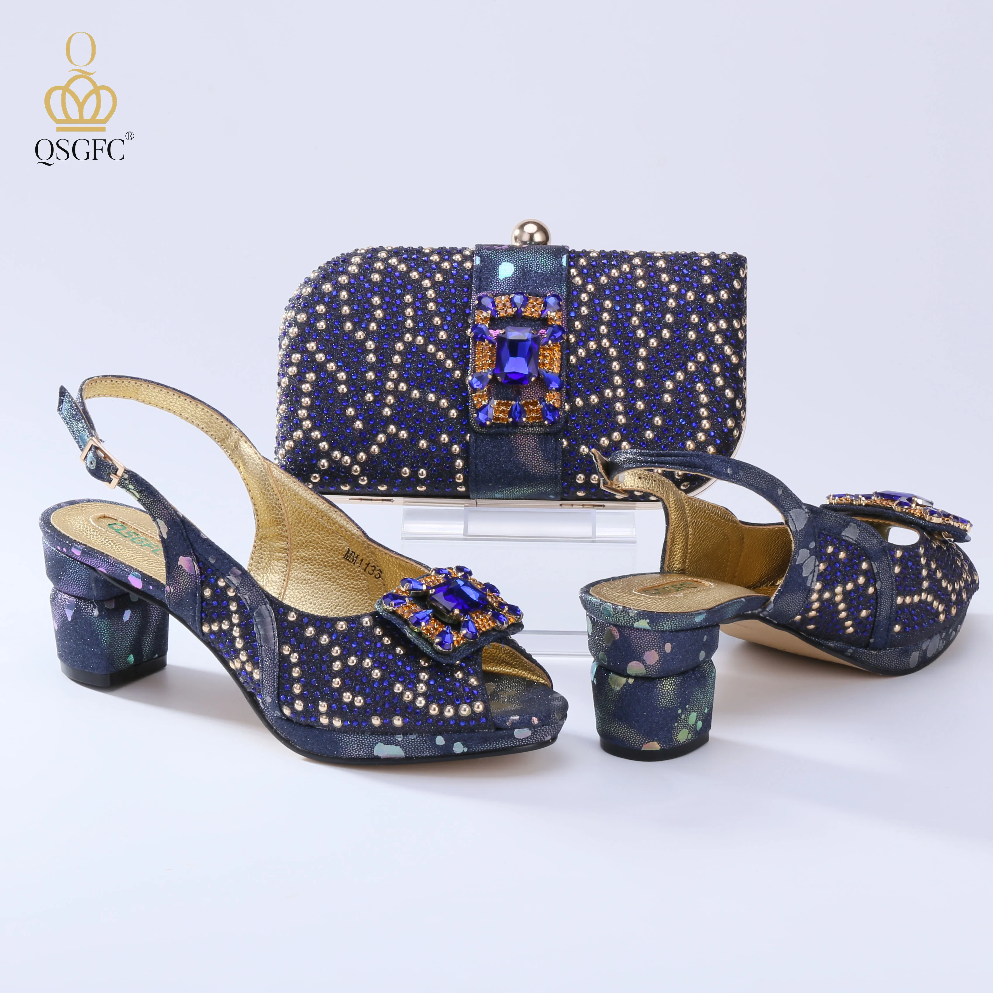 

Italian Design Newest Fashion Elegant Navy Color Ladies Shoes and Bag Set With Rhinestone Decoration