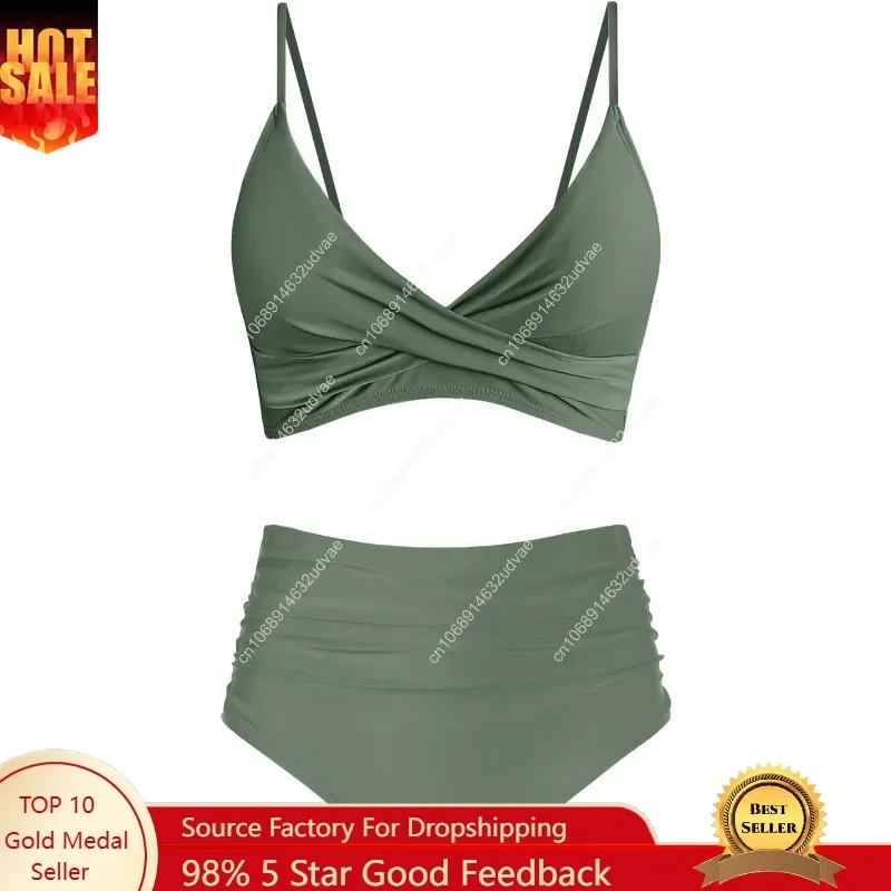 Women's High Waisted Bikini Sets Push Up Twist Front Spaghetti Straps Ruched Two Piece Swimsuit Bathing Suit