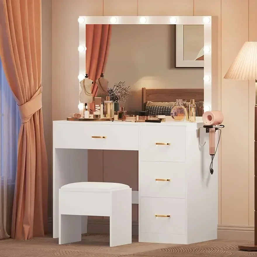 DWVO Makeup Vanity with Large Lighted Mirror, Vanity with Power Outlet, 3 Color Lighting Modes, Adjustable Brightness