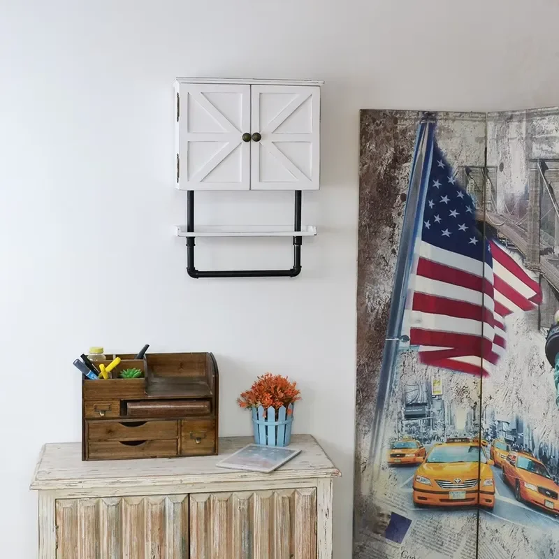 Solid Wood Wall Mounted Cabinet 3 Tier Storage Rack No Drilling American Country Style Hook Design for Bathroom Kitchen