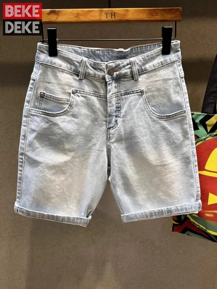 2025 Summer New Style Mens Casual Denim Shorts Knee Length Vintage Daily Mid Waist Fashion Straight-Leg Chic Short Trousers