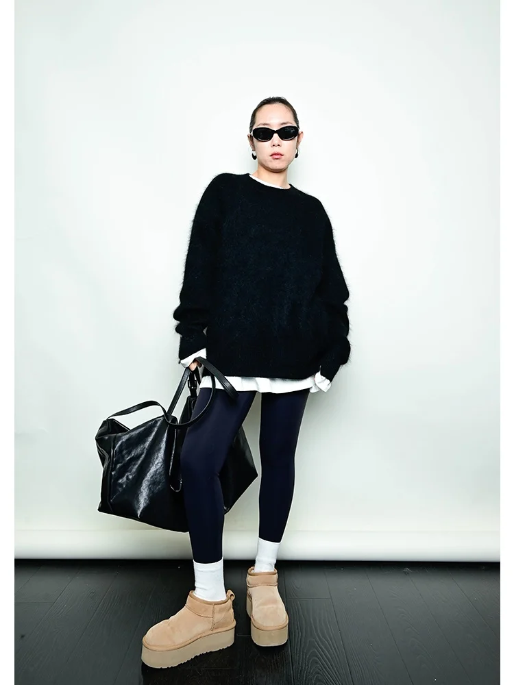 

Осенне-зимний теплый вязаный свитер из кроличьего меха с круглым вырезом, женский, большой размер, синий, для повседневной носки, трикотажная одежда