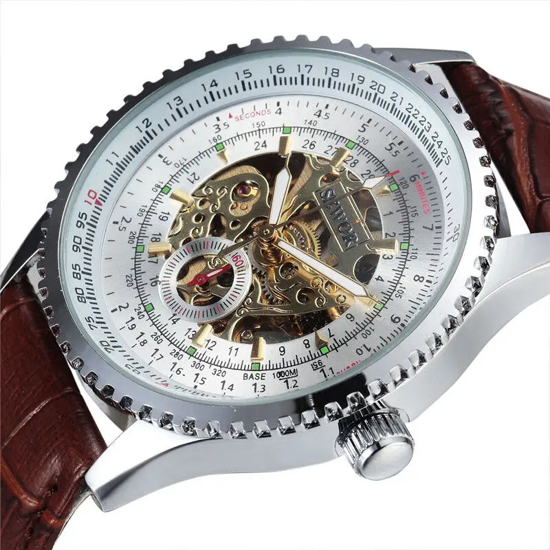 Sewor Skeleton Mechanical Automatic Self Wind Mens Fashion Gents Silver Case Watch Brown Leather Strap Analog Watch New Arrival