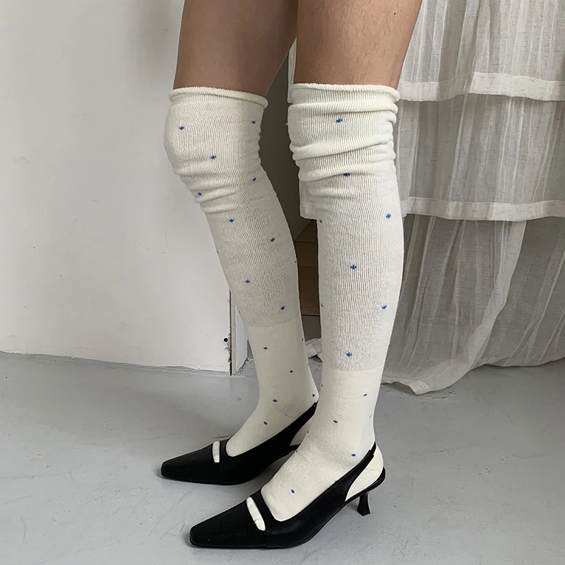 Women Polka Dot Over Knee Socks Korean Style Warm Cotton Long Stockings Rolled Cuff Thigh High Legwear for Fall Winter 2026 New