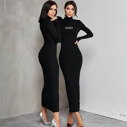 Custom LOGO fashion women's autumn new semi-high collar long sleeve slim thread temperament long dress