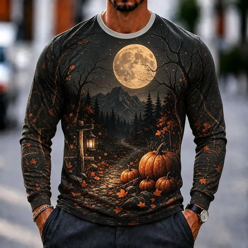 3D Printed Casual Long Sleeve Men Halloween Night Scenery Shirt Pumpkin Full Moon Lantern Autumn Leaf Graphic Crew Neck Top