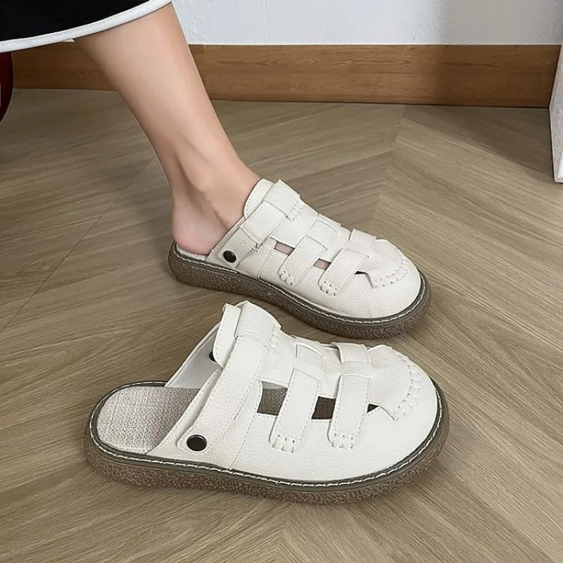 Leisure Women's Sandals Minimalist Woven Bun Toe Thick Sole Slippers 2024 New Summer White Versatile Roman Shoes image 5