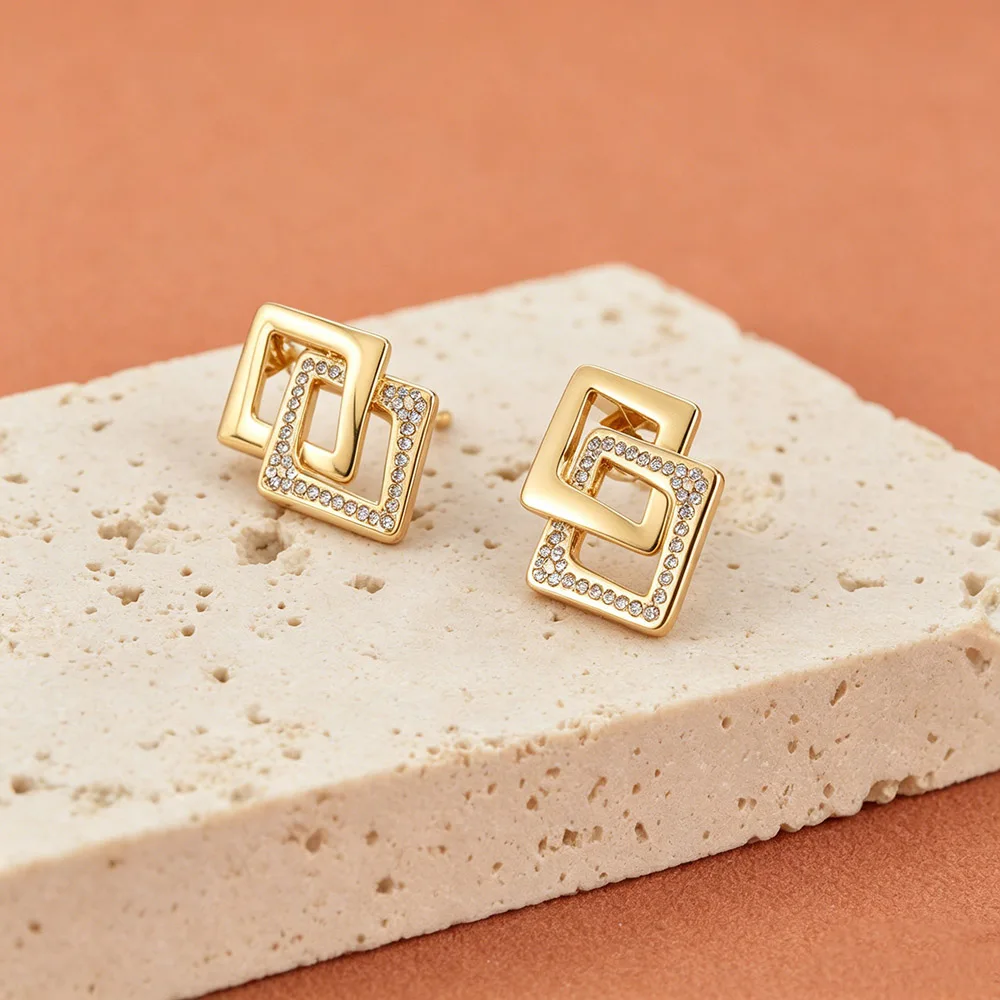 JeeMango Geometrische Doppel-Rhombus-Zirkon-Ohrringe für Damen, Edelstahl, goldfarben, Kristall-Ohrring, Modeschmuck, E26089 – Detail 4