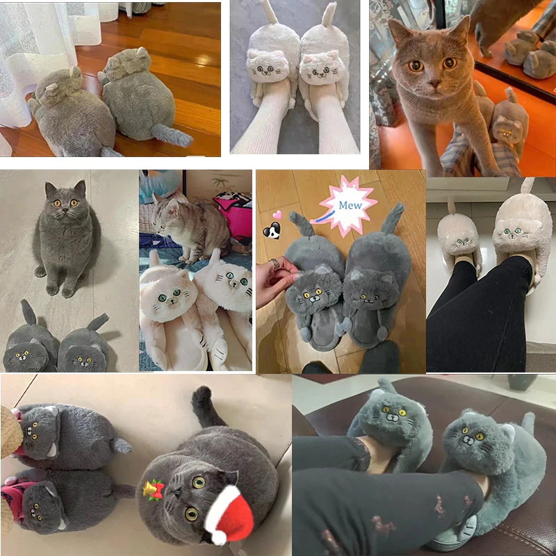 Fluffy Gray Cat Slippers Men\'s Footsie Kitten Fur Mules Home Shoes Cuddle Kitty Slippers Man Male Indoor Cat Sleepers Flip Flop