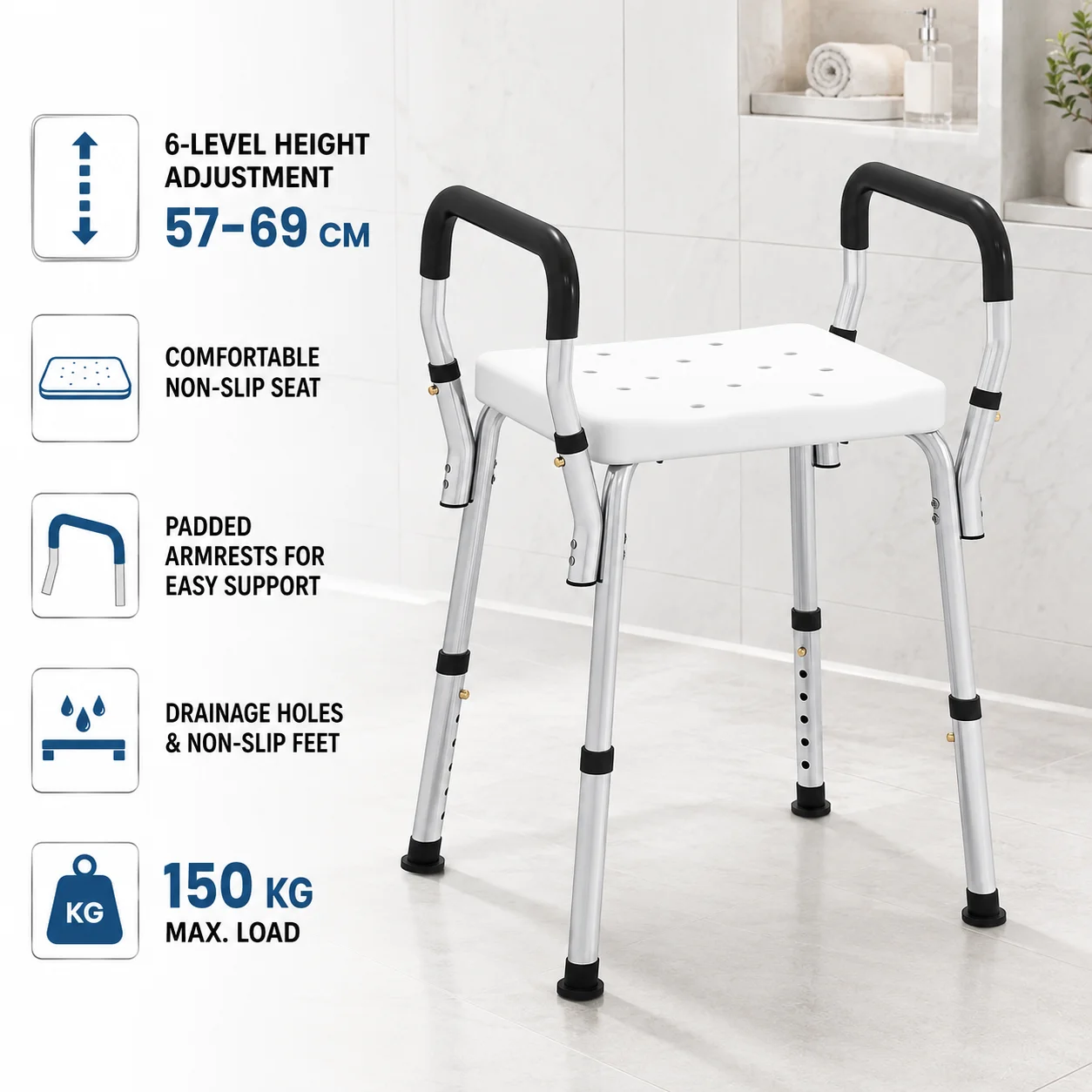 Chaise de douche sans dossier réglable en hauteur pour personnes âgées, tabouret de bain compact à 6 positions avec siège rembourré en EVA chaud, accoudoirs de soutien, cadre en aluminium antirouille, trous de drainage, pieds antidérapants, capacité de 150 kg