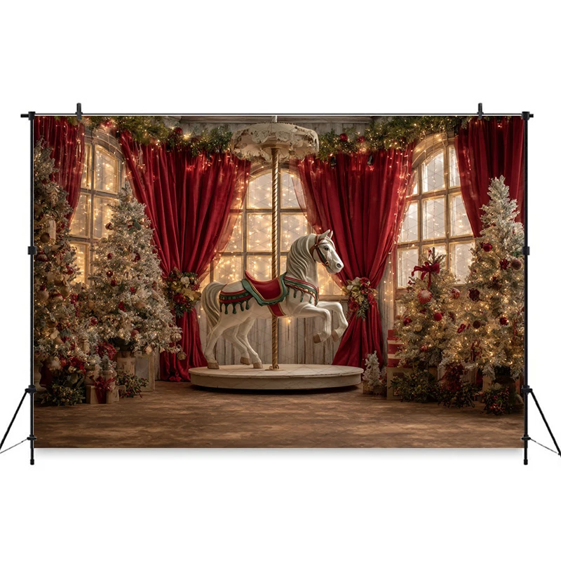 Mocsicka クリスマス写真背景新年パーティーホームツリー馬赤いカーテン装飾写真背景スタジオ壁紙