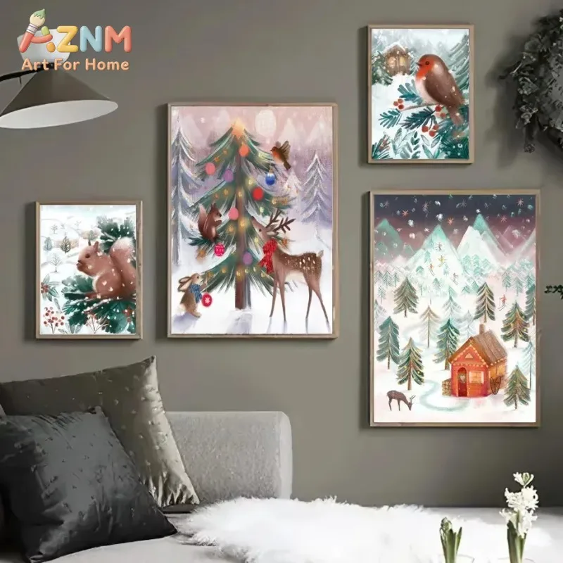 Cute Winter Christmas Canvas Wall Art Fox Squirrel Snowman Tree Mountain Poster Unframed Canvas Painting for Kids Room Holiday