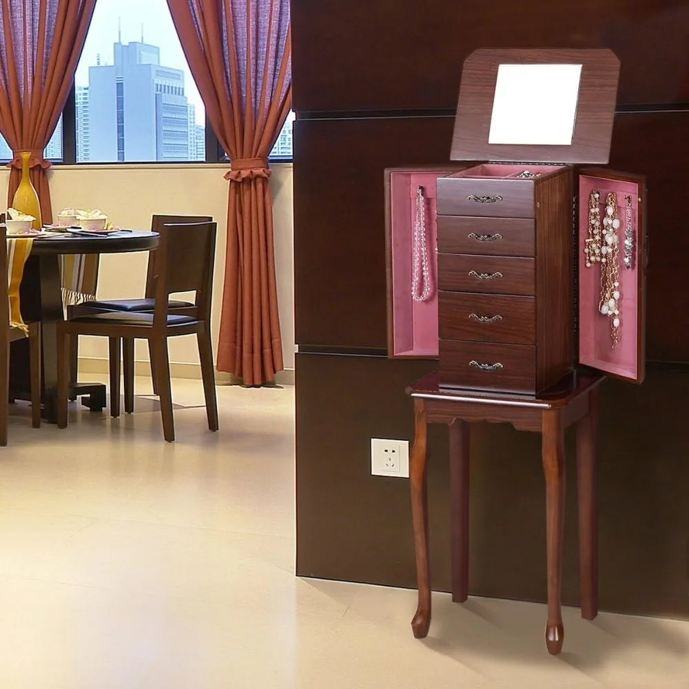 

Standing Jewelry Cabinet Armoire with Top Flip Mirror, Jewelry Storage Organizer with 2 Side Doors for Necklaces