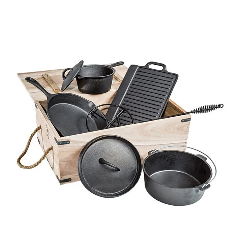 

Outdoor Cooking Non Stick Griddle Wooden Box Packing Pan Cast Iron Dutch Oven Set