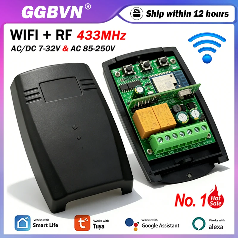 Universal 433MHz 433.92MHz Garage / Gate Remote Control Receiver Wifi Tuya Smart Life 2 Channels Relay Module Switch Controller