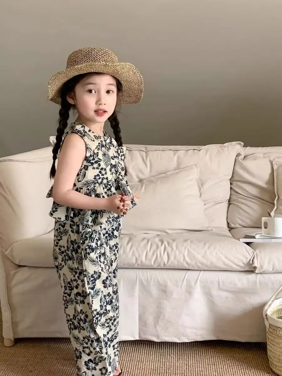 Baby Girl Clothes Korean Retro Printed Summer Children Sets Girls Causal Tank Top+Loose Pants Beach Holiday Birthday Party Set