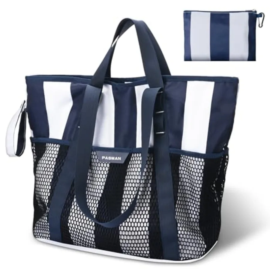 PASMAN Large Beach Bag with Zipper-8 Pockets Sandproof Beach Tote Bag for Women, Foldable Lightweight Family Swim Bag Vacation